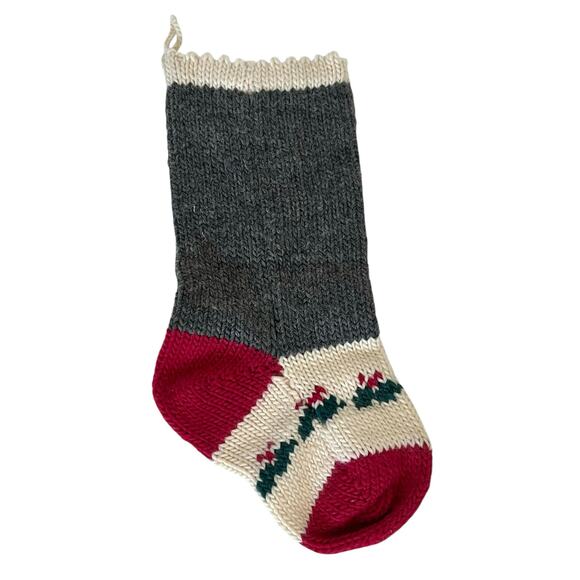 Hand Knit Christmas Stocking Wool Handmade Snowman Mistletoe 16” Red Gray Ivory - Picture 3 of 7